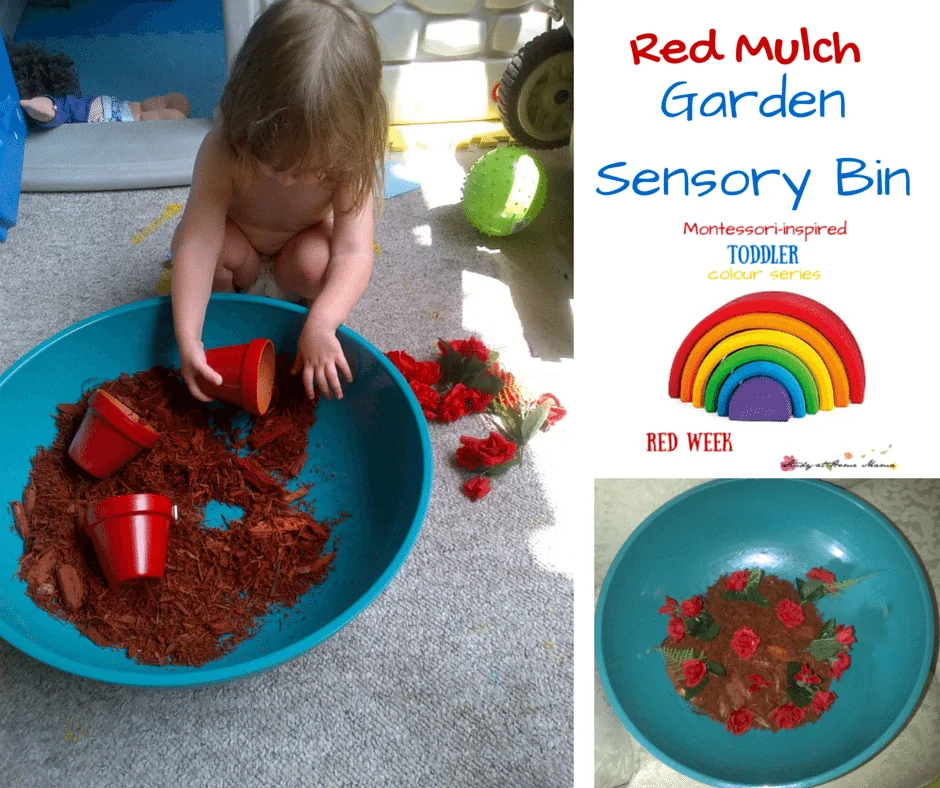 Red Mulch Garden Sensory Bin - part of a Montessori-inspired Toddler Red Week