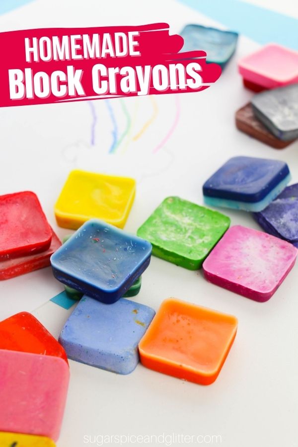 A quick and easy method for making homemade block crayons. The perfect way to re-use broken crayons, these block crayons are easy for little hands to grip and can be customized in so many different ways: combining colors, making unique shapes, etc.