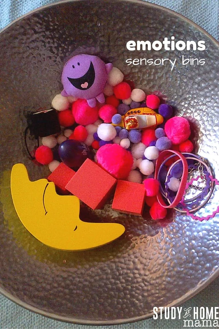 Emotions sensory bins for teaching children about emotions and emotional regulation. Learn the names of emotions and associate them with items that arouse those feelings.