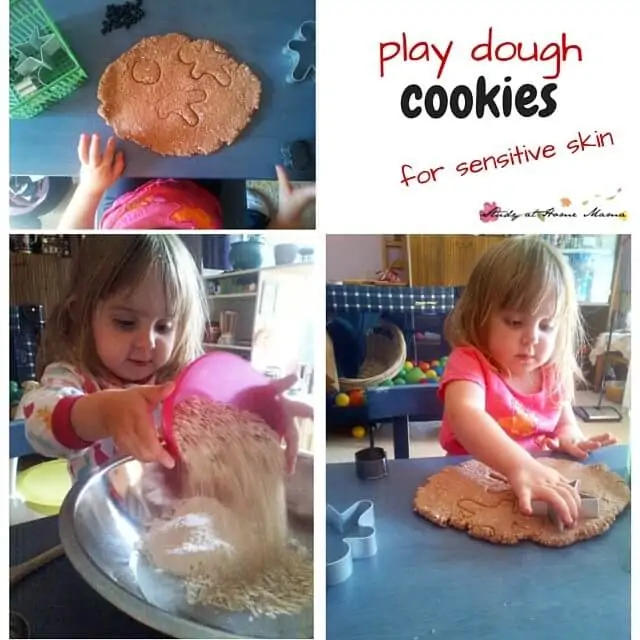 Easy homemade play dough recipe for chocolate chip play dough cookies, using coconut oil, oats, and cream of tartar to help soothe sensitive skin while having fun playing bake shop