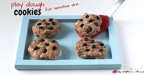 Easy homemade play dough recipe for chocolate chip play dough cookies, using coconut oil, oats, and cream of tartar to help soothe sensitive skin while having fun playing bake shop
