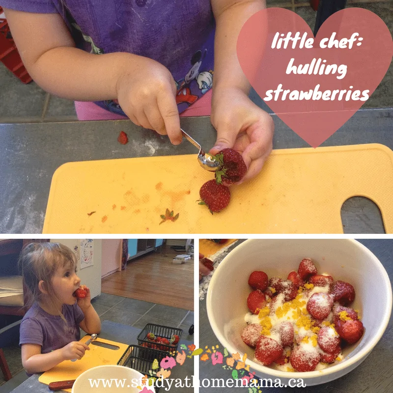 little chef: hulling strawberries at  Sugar, Spice and Glitter #kidsinthekitchen #littlechef