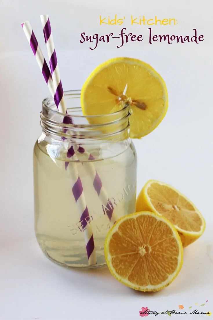 Easy healthy recipe for sugar-free lemonade, a kids' kitchen staple with a free printable recipe for kids to use