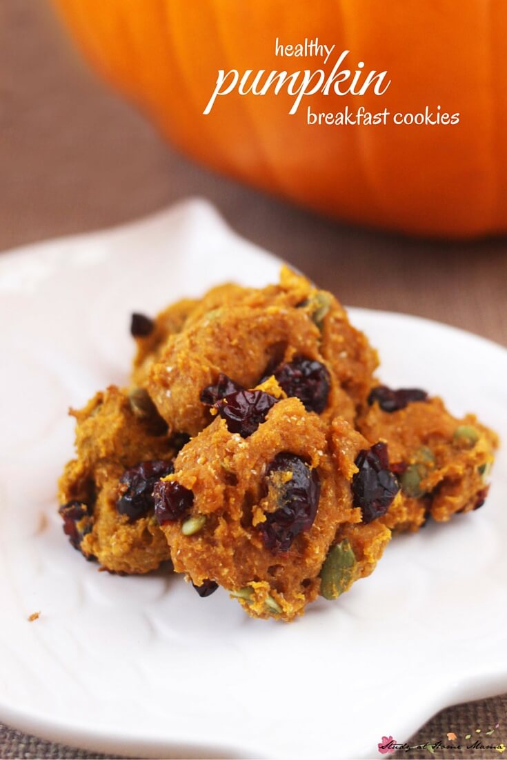 Easy healthy recipe for pumpkin breakfast cookies, made with real pumpkin, cranberries, pepitos, and no refined sugar. An easy kids' kitchen recipe for fall