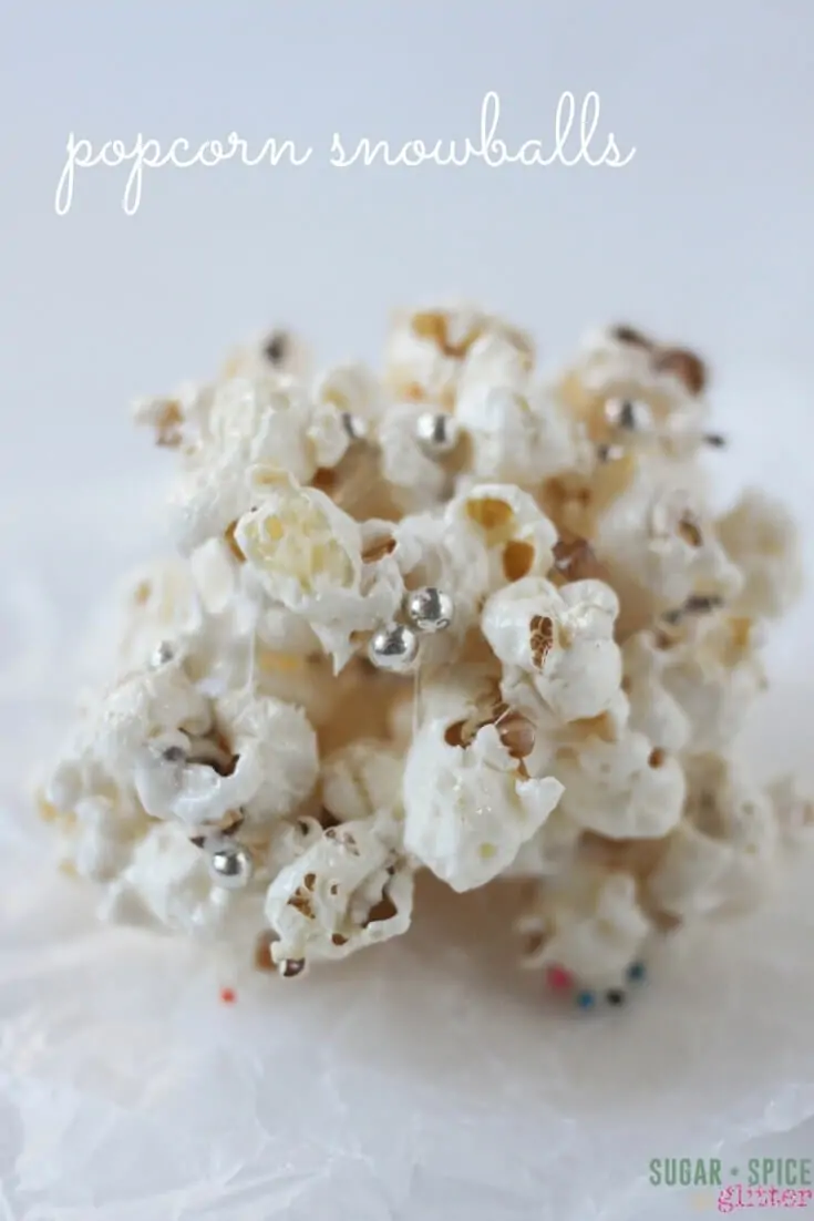 These popcorn snowballs are a delicious and easy party food that takes minutes to make