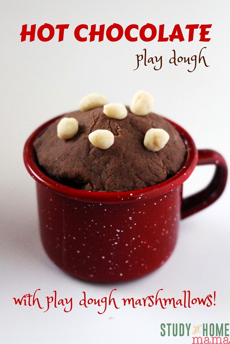 HOT CHOCOLATE play dough - the perfect winter sensory play. This post shares two different ways to make hot chocolate play dough and a edible recipe for marshmallow play dough if you have toddlers joining you.