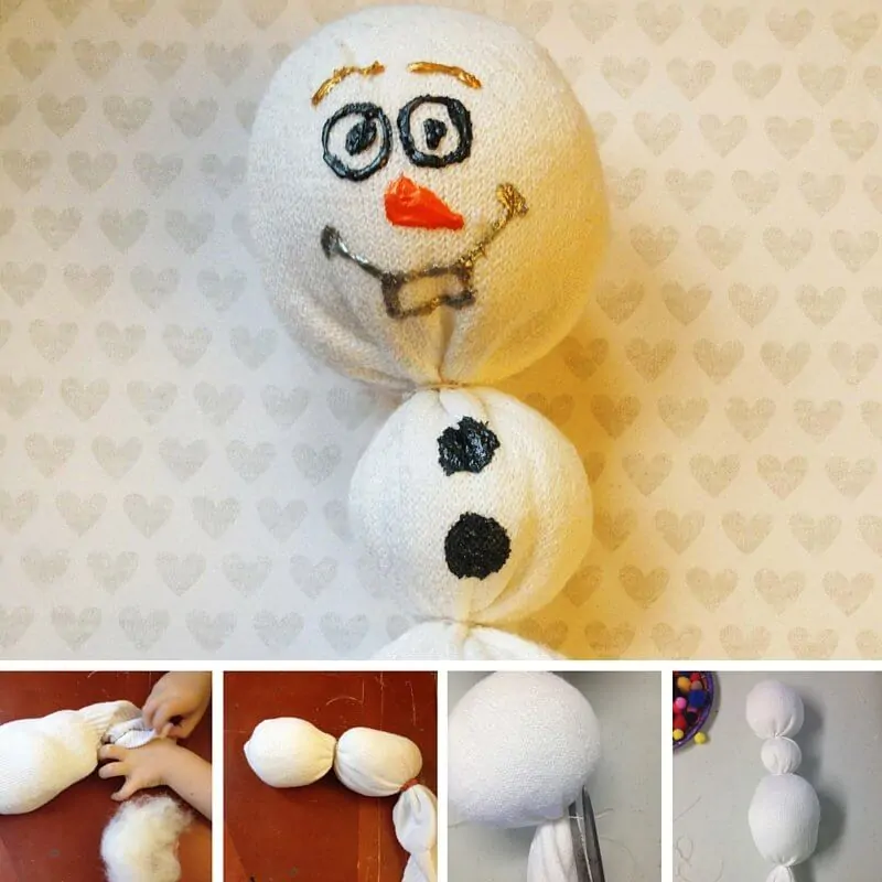 Frozen kids' craft idea: Olaf Sock Puppet, made for less than $1 each! These Olaf sock dolls make excellent snuggle buddies, or gifts for the Frozen fan in your home