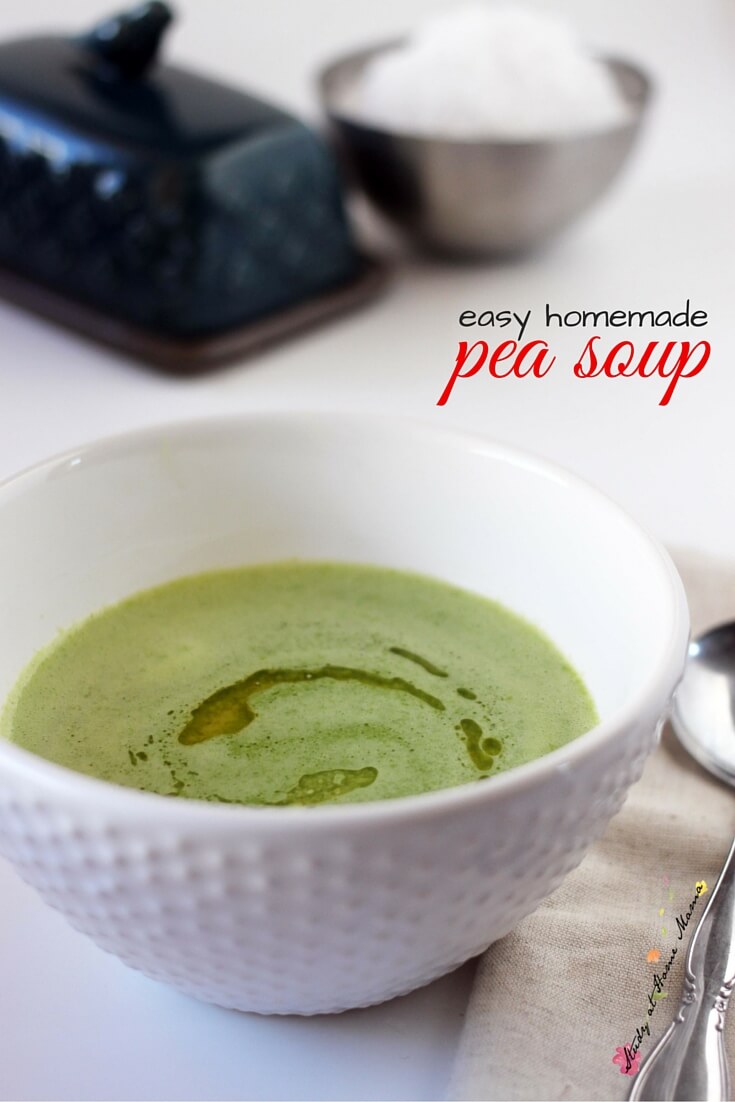 Easy Healthy Recipe for Pea Soup, a homemade pea soup recipe that the whole family will love! Swirled with a bit of butter and sprinkled with good quality sea salt, this pea soup is out of this world.