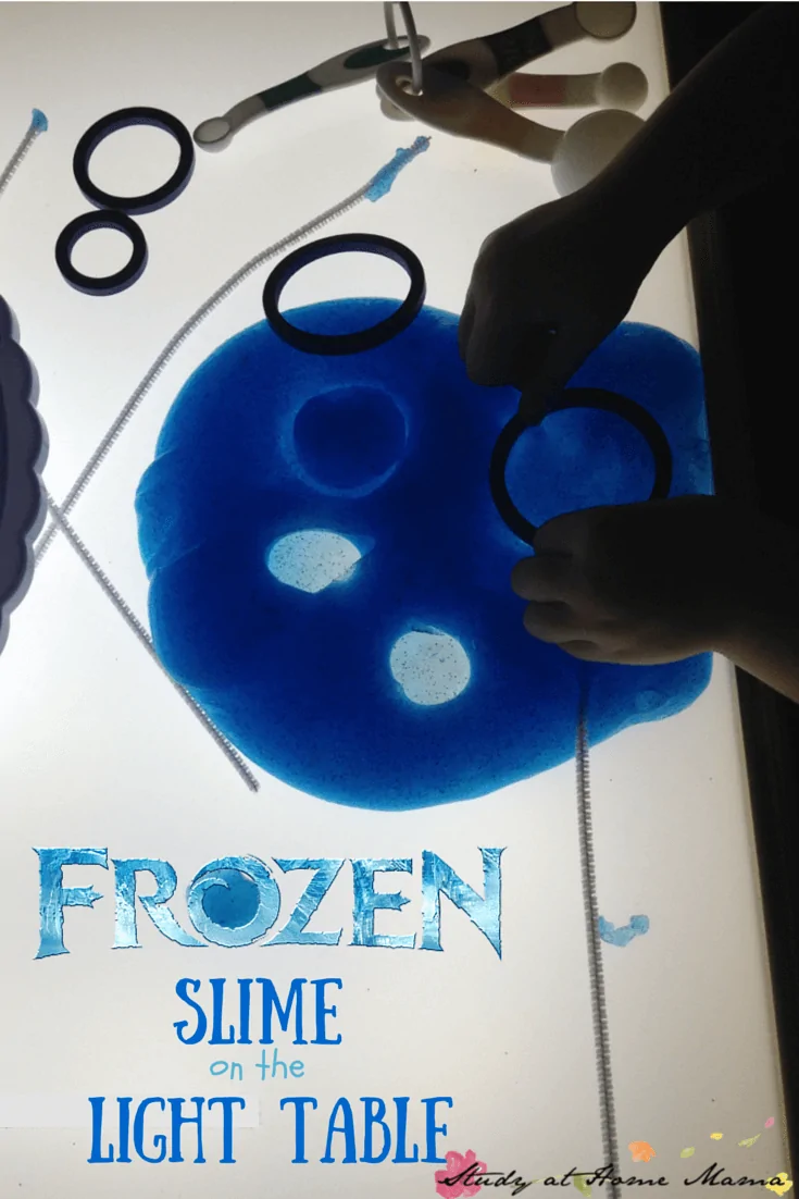 Frozen Slime on the Light Table, a squishy and cool science experiment meets sensory play. Learn about light diffusion, shapes, and patterning while having some Frozen fun!