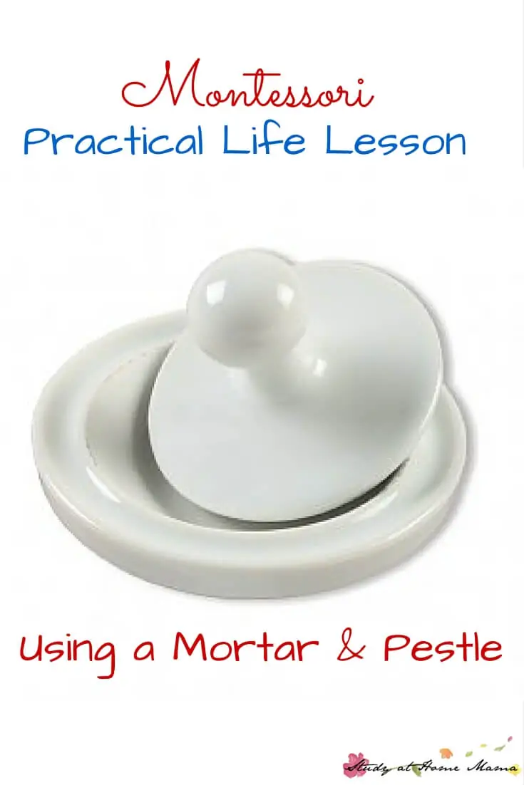 Montessori Practical Life Lesson: Using a Mortar & Pestle - a great kitchen tool for kids to learn how to use, as it can be used for an easy sensory experience, or in making paint