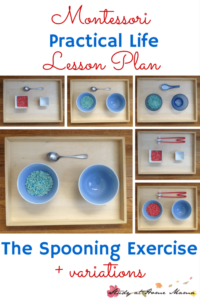 Montessori Practical Life Lesson Plan: the Spooning Exercise. Teaching orderly work and precision are great gross motor activities that encourage children to practice "control of error" - a vital Montessori skill. This post also goes into all spooning variations, including chopsticks.