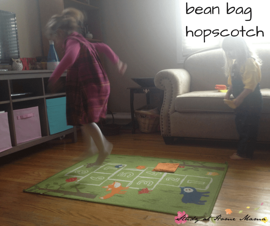bean bag hopscotch: one of seven indoor bean bag games and activities