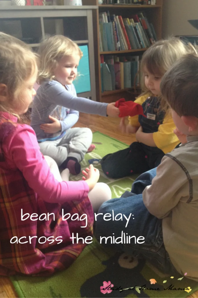 bean bag relay: crossing the midline game, one of seven indoor bean bag games and activities