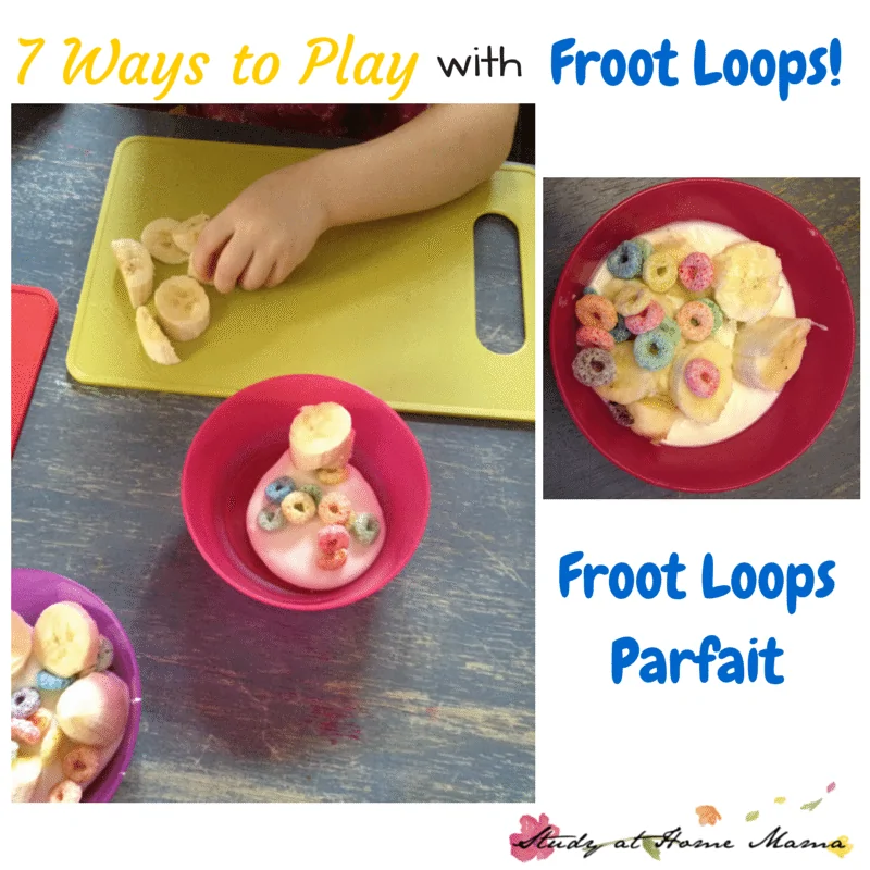 7 Ways to Play with Froot Loops: Cereal Sensory Bin, Froot Loops Parfait, and more frugal sensory play ideas!