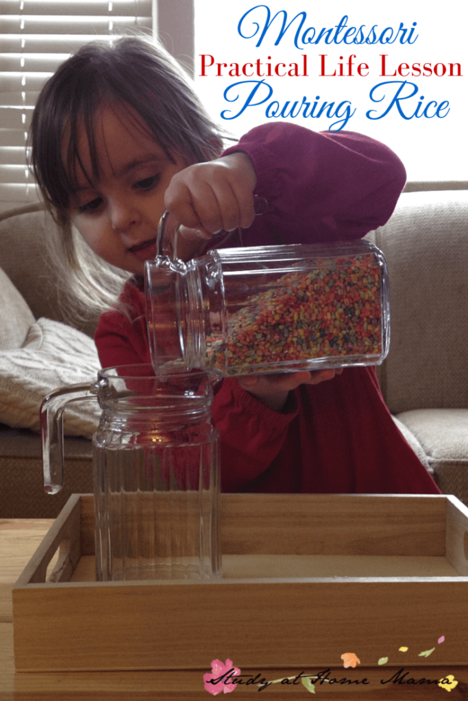 Montessori Practical Life Lesson: Pouring Rice - an easy practical life activity for preschoolers that encourages them to pay attention to what they are doing and clean up their work areas. (And yes, that's rainbow-coloured barley to add some visual interest.)