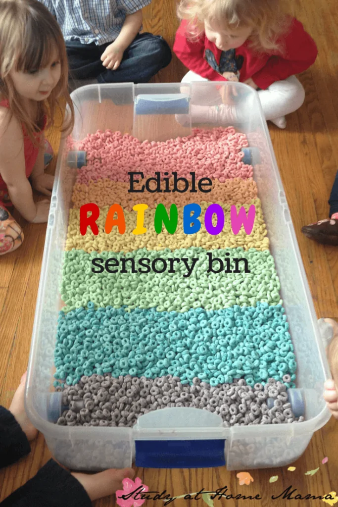 Edible Rainbow Sensory Bin for Toddlers - Froot Loops sensory fun!