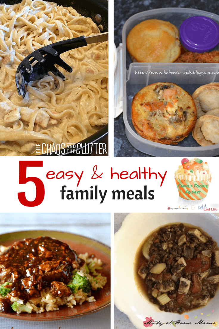 5 Easy & Healthy Family Meals - two crock-pot meals, one kid-made soup, an easy muffin-tin quiche, and a stew! Our favourite selections from our weekly Friday Family Foodie party!