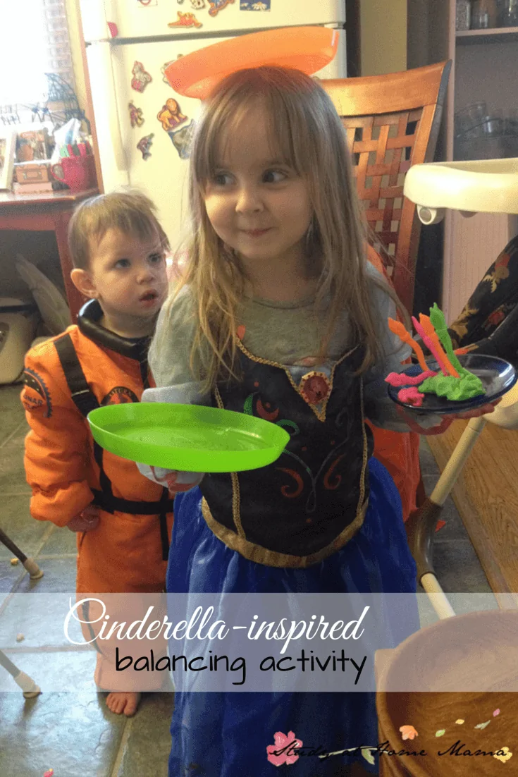 Cinderella-inspired Montessori activities: Cinderella gross motor balancing activitiy -- one of many as a part of a Cinderella unit study!