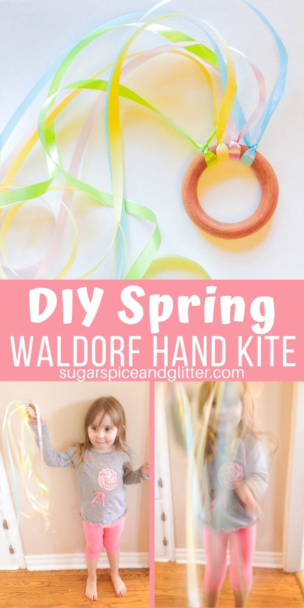 Quick and easy Spring craft for kids that uses Montessori Practical Life skills to make. This DIY Spring Waldorf Hand Kite is a great homemade toy for kids, perfect for a homemade Easter gift