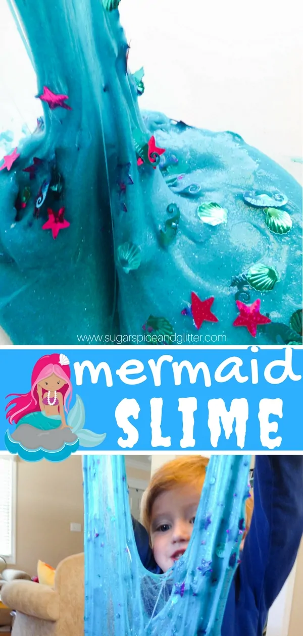 Squishy, slimy, cool mermaid slime is one of our all-time favorite sensory play recipes! This slime recipe is super glittery and stretchy