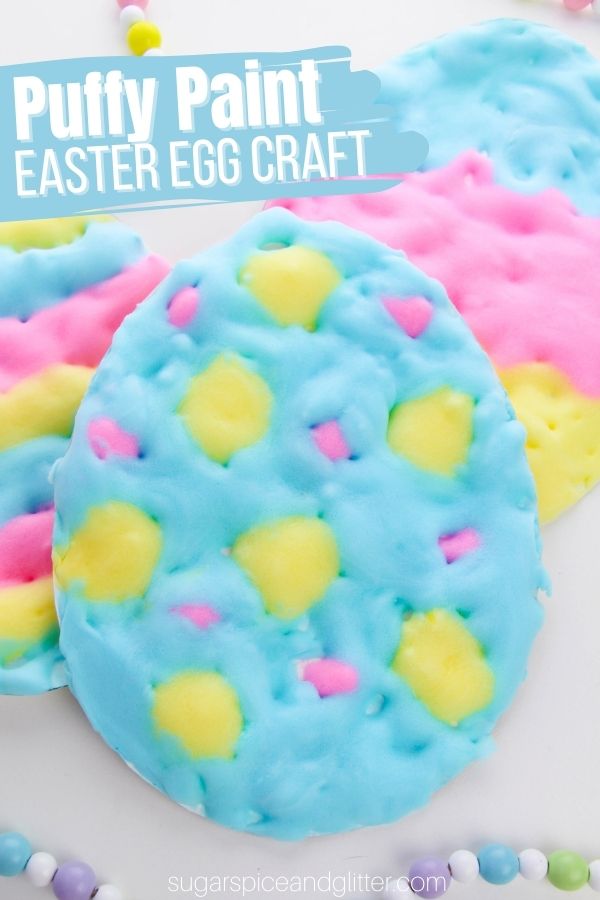 A simple, three-ingredient recipe for making homemade puffy pain that kids can use to make their own Puffy Paint Easter Eggs - a fun sensory craft with an amazing puffy texture