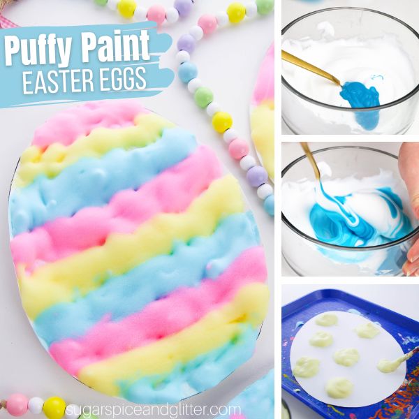 close-up of a puffy paint Easter egg along with three images of the process of making the puffy paint