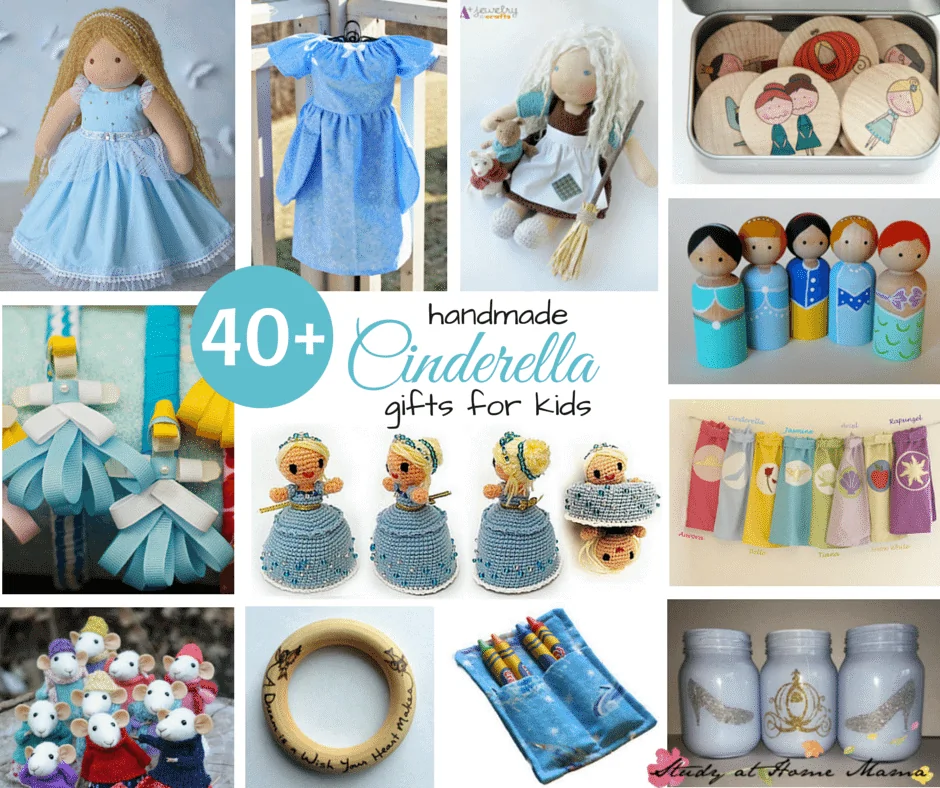 40+ handmade Cinderella gifts for kids -- dolls, costumes, toys, decor ideas. Some ideas you can DIY, and some you can purchase from Etsy!