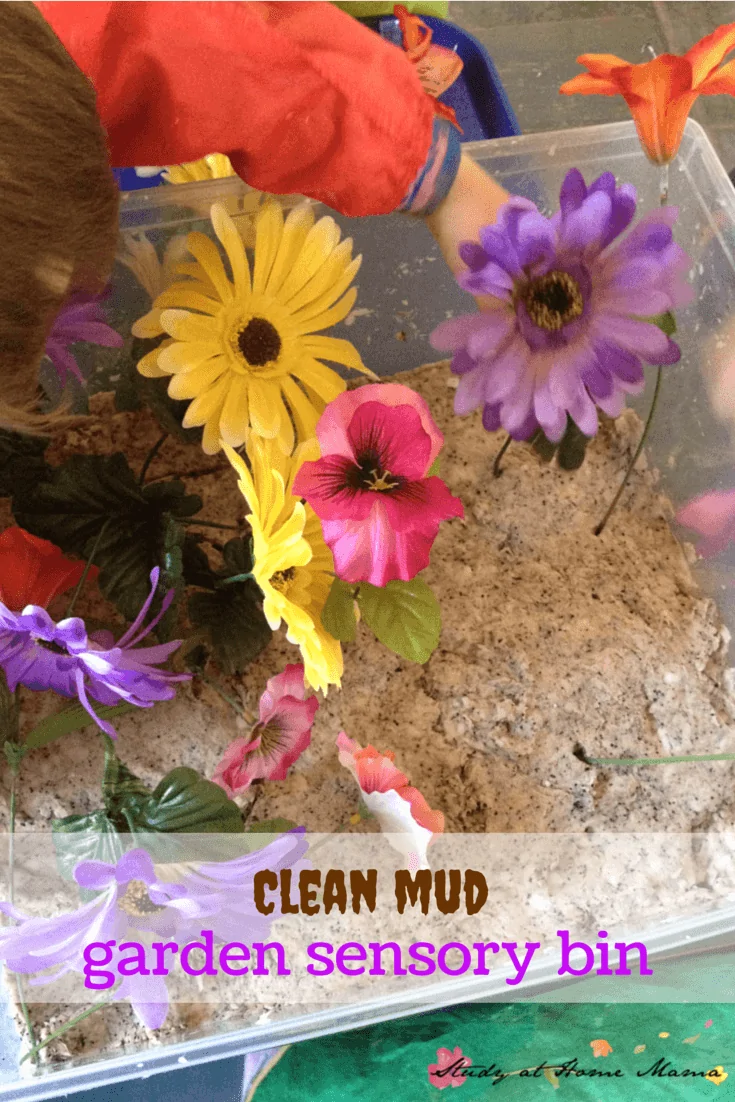 Clean mud Garden Sensory Bin - one of 7 ways to play with flowers and a great flower sensory activity for kids
