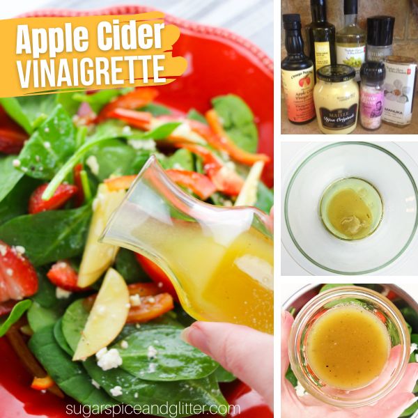 a composite image of the ingredients for an apple cider vinaigrette and a few steps of how to make it