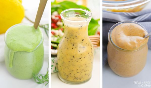 a composite image of 3 different salad dressings