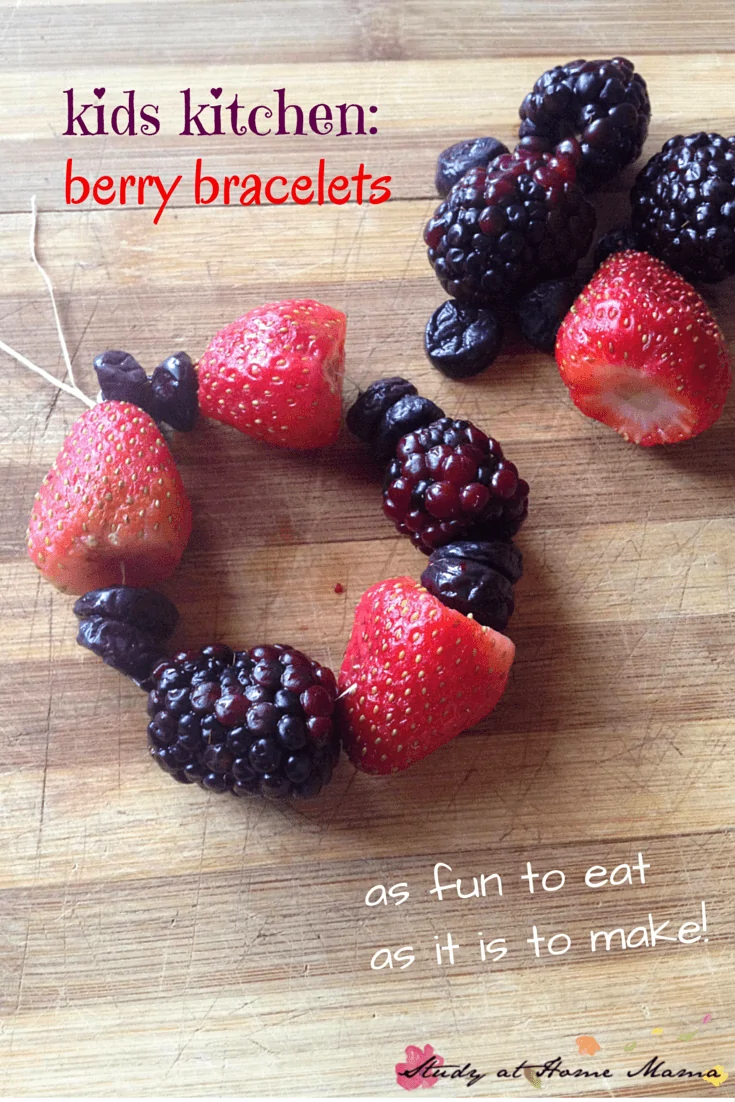 Kids Kitchen: Berry Bracelets! A fun treat to make with kids in the kitchen. A perfect summer snack for kids - in their lunchbox or at the beach.