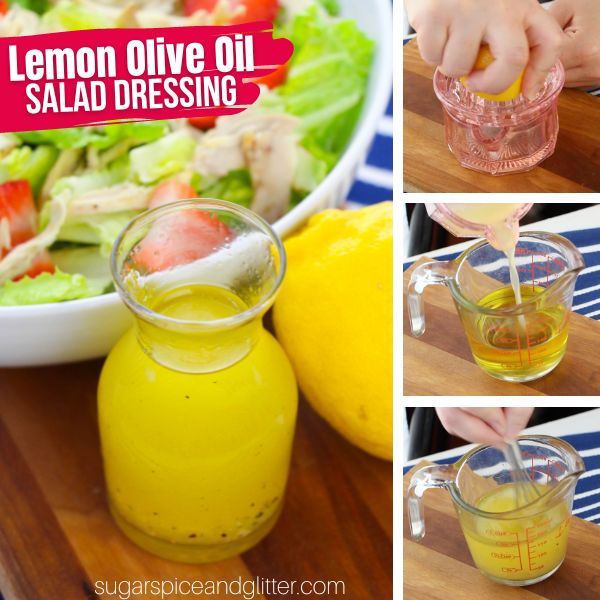 overhead picture of lemon olive oil dressing in a glass karafe in front of a big white bowl of salad along with three in-process images of making the salad dressing