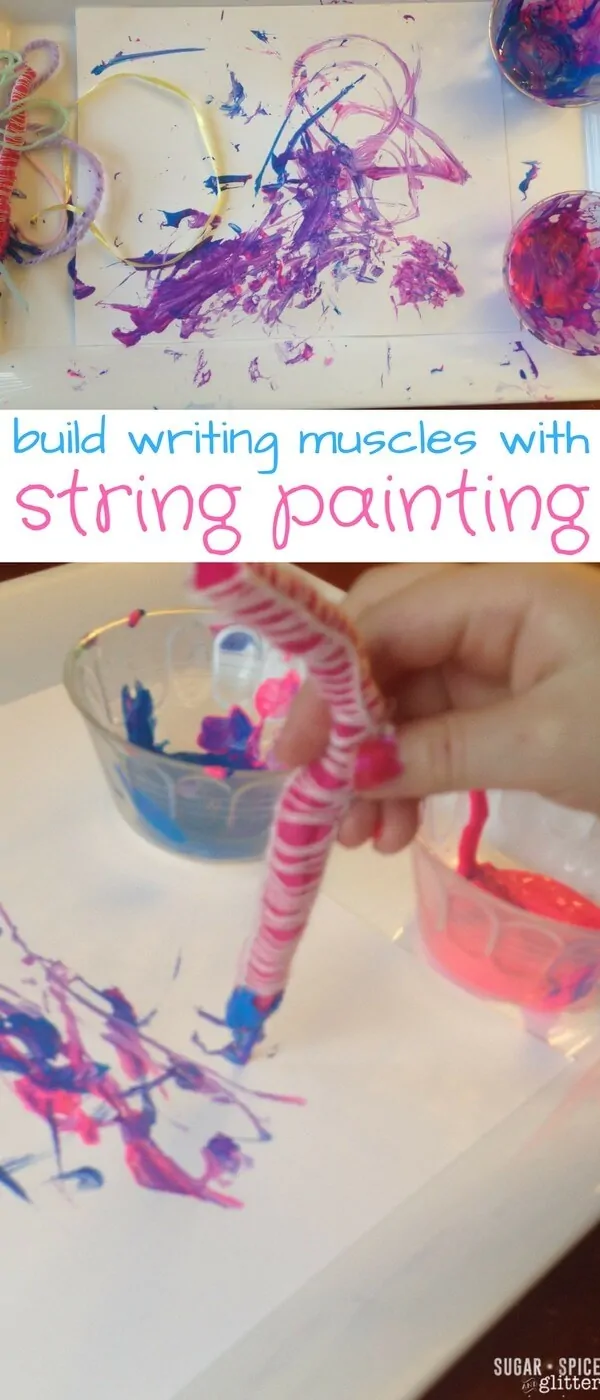 Painting with String is a silly activity that also helps build finger muscles needed for writing - this activity is the perfect way to use up leftover scraps of string, ribbon and wool
