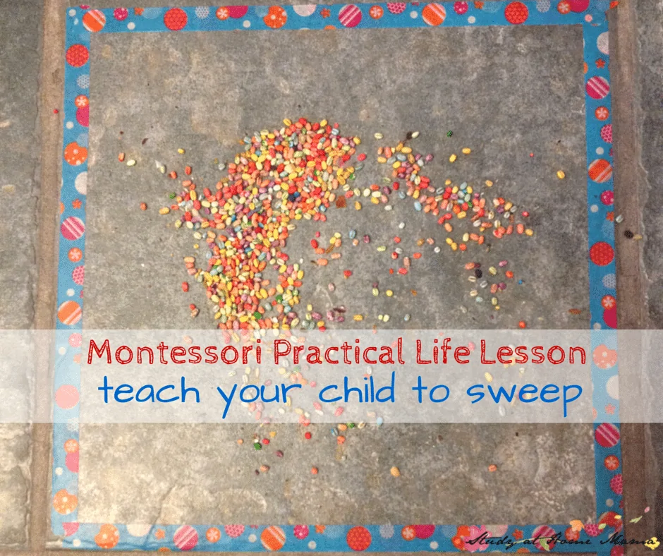 Montessori Practical Life Lesson: teach your child to sweep (she used coloured barley and fun washi tape to make the activity more inviting)