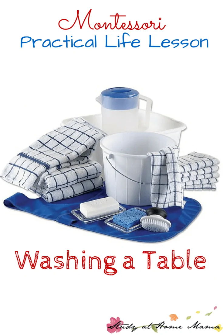 Montessori Practical Life Lesson: Washing a Table. An easy and fun practical life activity for kids that allows them to help clean up after art, or set up for snack time