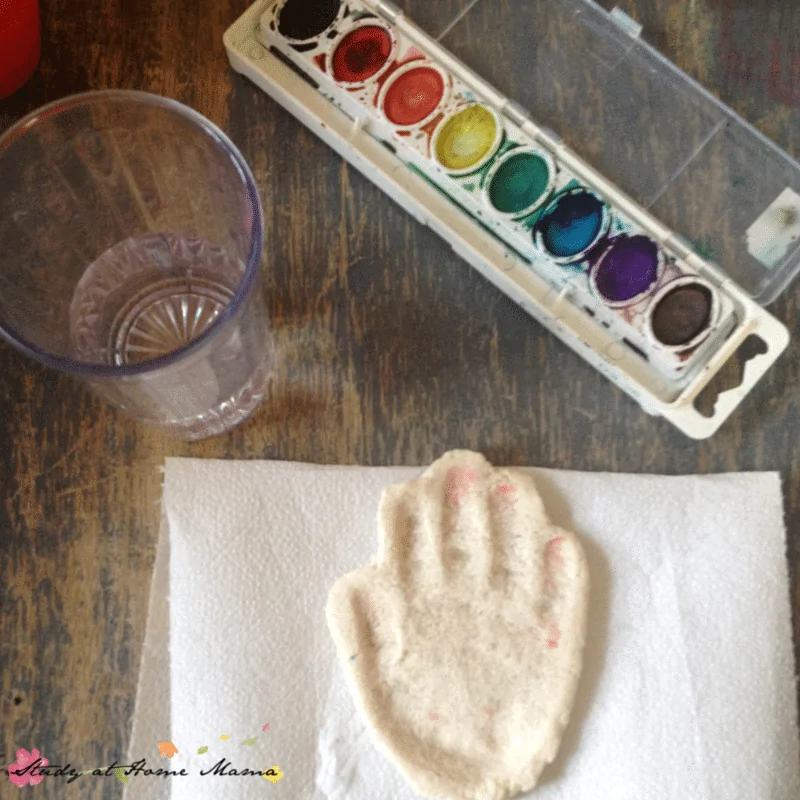 Set-up for salt dough handprint painting. Preserve a bit of their littleness while they're still tiny.