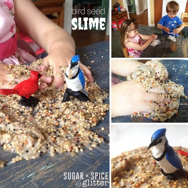 How to make bird seed slime - an awesome sensory play material for kids. Spring sensory play has a new face with this pepply, stretchy slime