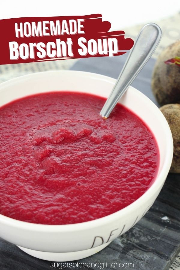 This borscht soup is bright and flavorful, with an earthy yet sweet and slightly tangy/sour flavor profile. The lemon juice and dill helps cut through the earthiness of the beets.