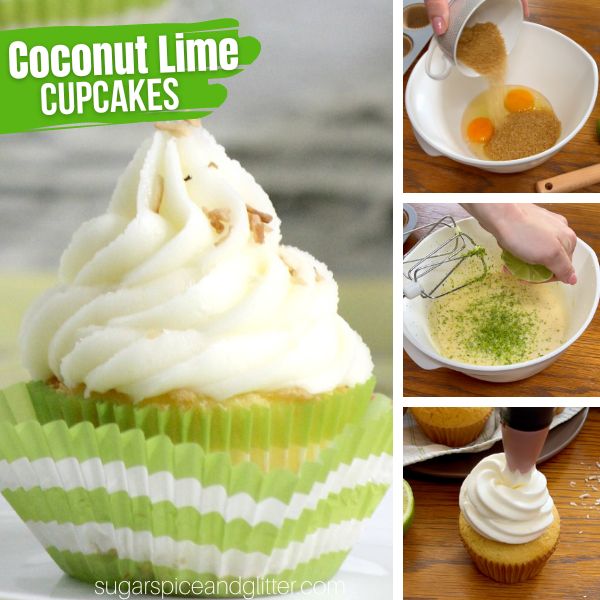 composite image of a coconut lime cupcake in a green lined cupcake liner along with three in-process images of how to make the cupcakes