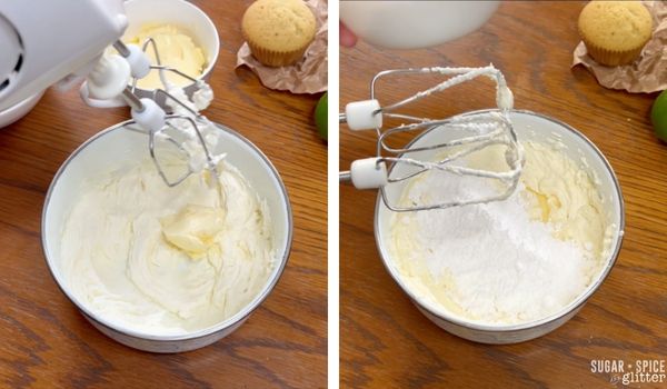 in-process images of how to make coconut cream cheese frosting