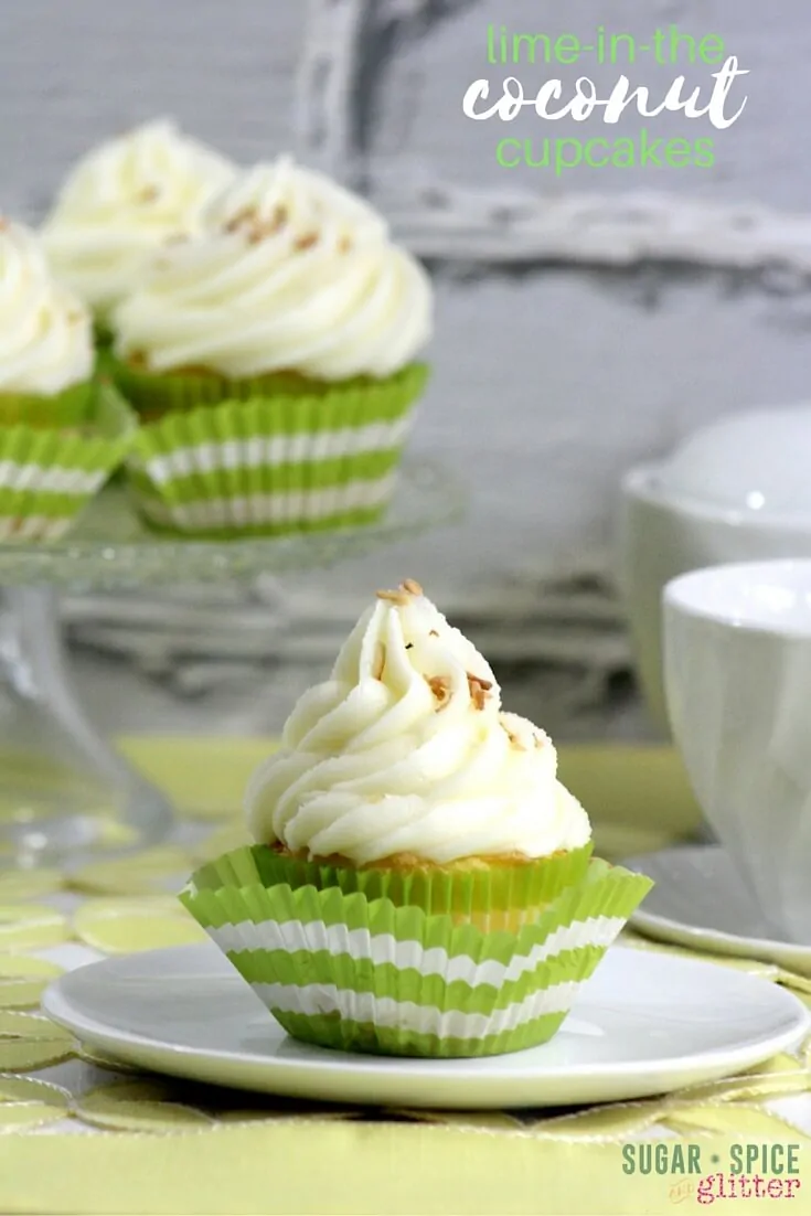A delicious twist on coconut cupcakes - these lime coconut cupcakes are like a margarita in cake form! A sophisticated twist on cupcakes perfect for girl's night or your next summer barbecue dessert. You put the lime in the coconut and eat them both up!