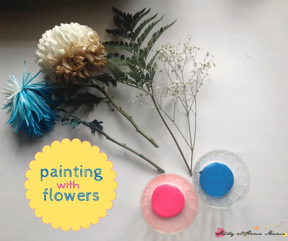 Kids Craft Ideas: Painting with flowers as part of exploring botany for kids! This simple hands-on learning teaches children about flowers while they paint.