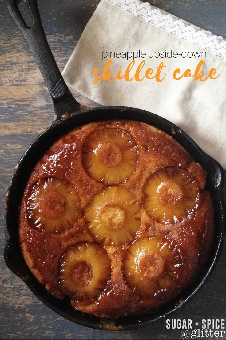 An easy, authentic pineapple upside-down skillet cake recipe - so easy, kids can make it! Seriously, you can see a 3 year old helping with every step of this recipe. I love that you can make and serve the skillet cake in the skillet.