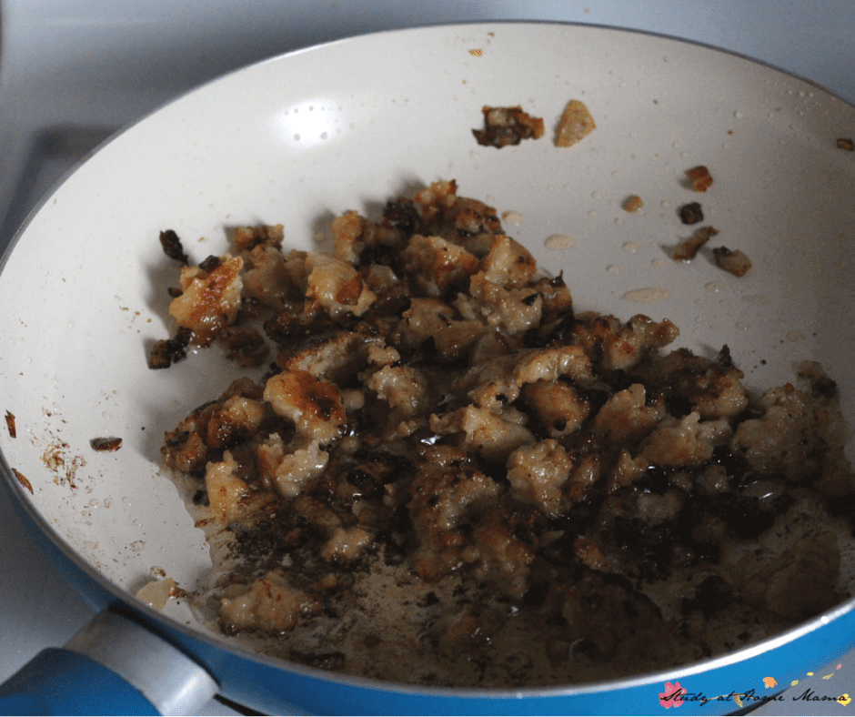 Browning the sausage for this easy healthy recipe for a healthy breakfast casserole