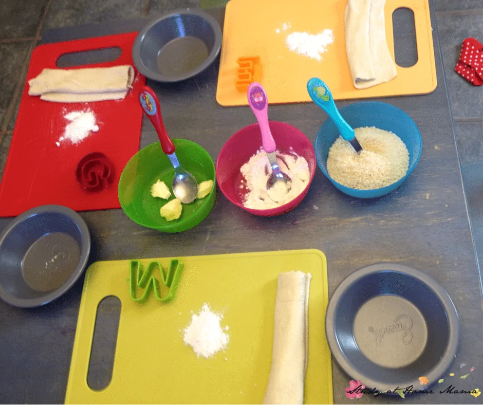 Kids Kitchen set-up to make an easy healthy recipe for blueberry pie. Simple kids kitchen tools allow for independence and kitchen skills building