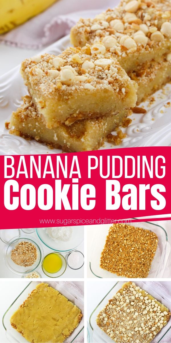 Banana Pudding Cookie Bars are a fun twist on a classic banana pudding recipe in a convenient, easy-to-serve bar. Graham cracker crust, white chocolate chips and a gooey banana pudding center - the perfect summer dessert for your BBQ or summer party
