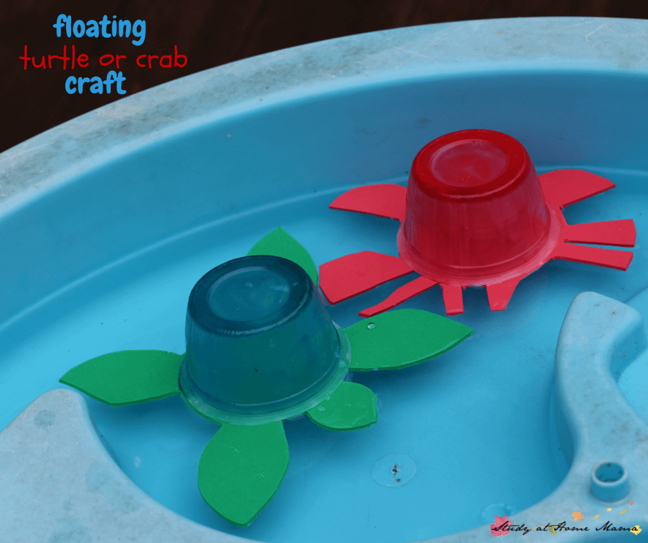 These cute floating turtle or crab crafts are an easy kids craft idea that your kids will be so proud of! Easy to make, with craft foam and applesauce containers, they actually float in water!
