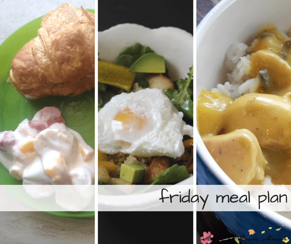 Friday healthy meal plan - croissant sandwiches for breakfast, buddha bowl recipe for lunch, and a quick chicken curry for supper.