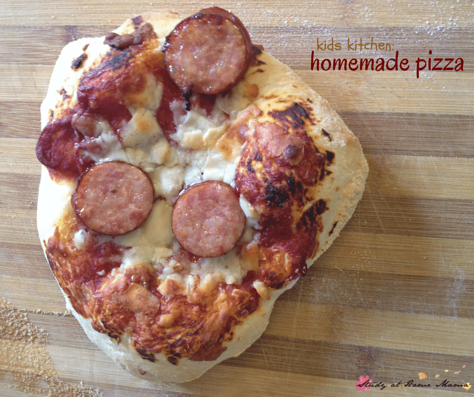 Easy Healthy Recipe for Homemade Pizza - a great kids kitchen recipe! This post shares fool-proof recipes, kids kitchen tools, and how to set up a pizza making station for kids!