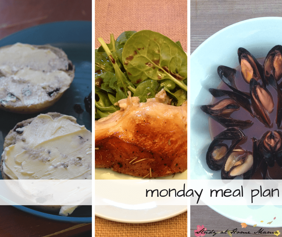 monday meal plan - part of a 7 day meal plan, new meal plans posted weekly! Healthy breakfast, roast chicken lunch, and mussels for supper